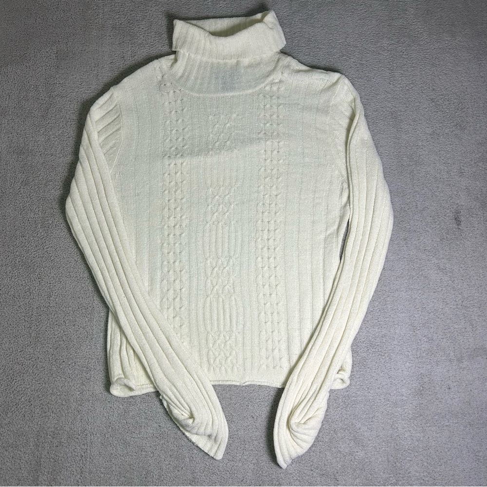 Airport Cozy White Cowl Neck Sweater acrylic Cable Knit Design women’s XL